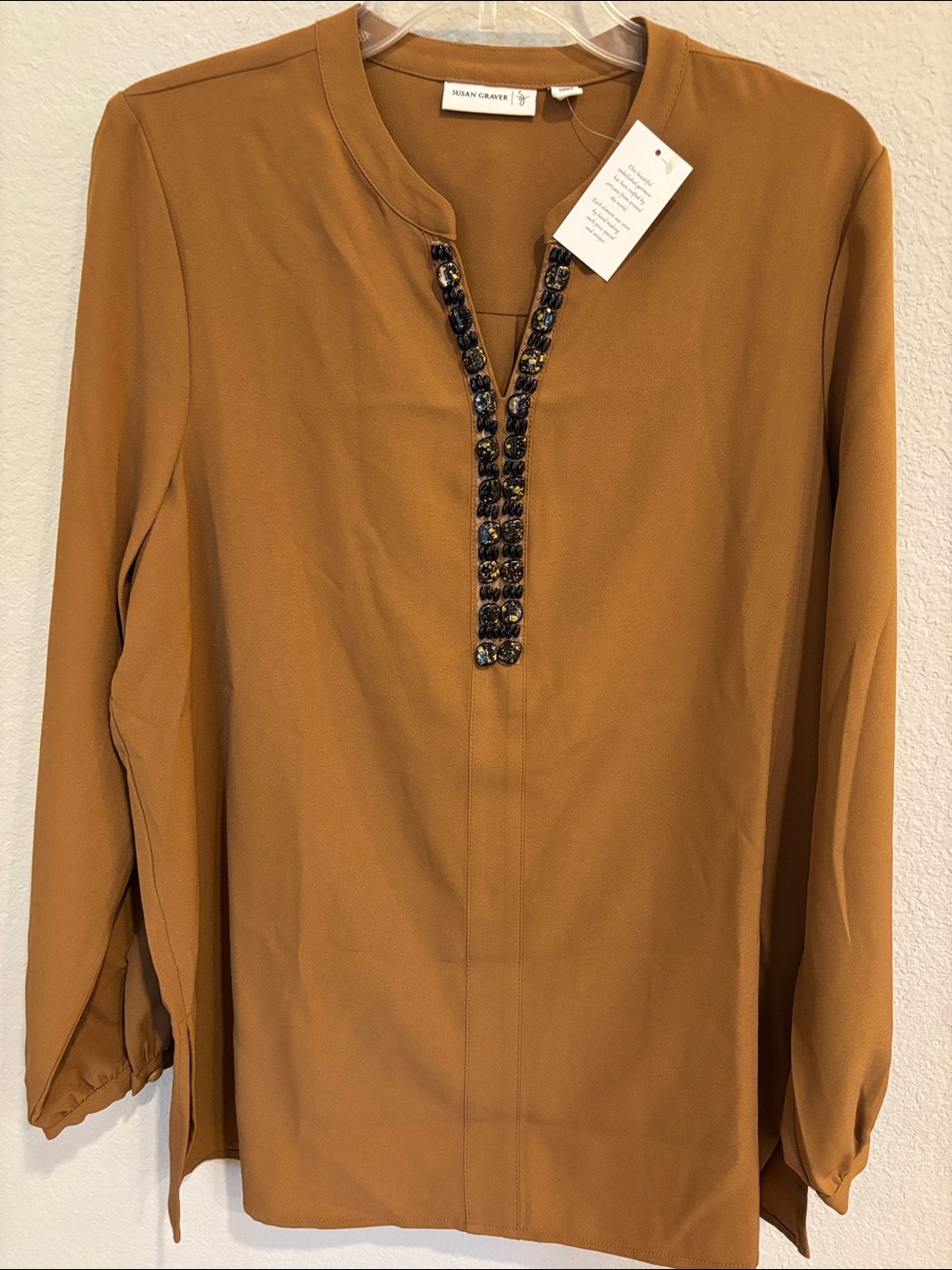 Susan Graver Womens XL Caramel Black Embroidered Split Neck 3/4 Sleeve Tunic NEW